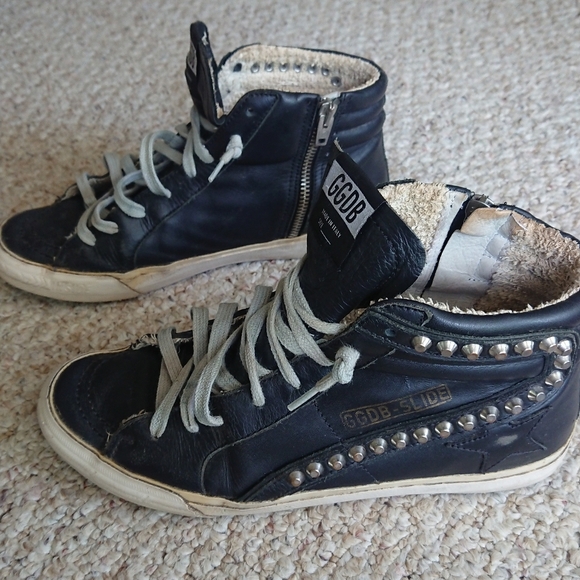 Golden Goose Slide Mid-Top Leather Stud Sneakers in Black size 38 - Picture 4 of 16